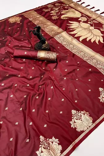Maroon silk blend jacuard work festival saree with unstitched blouse piece