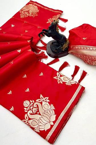 Red silk blend jacuard work festival saree with unstitched blouse piece