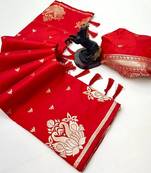 Red silk blend jacuard work festival saree with unstitched blouse piece