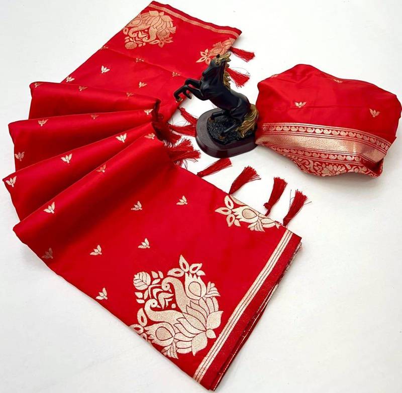 Red silk blend jacuard work festival saree with unstitched blouse piece