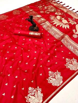 Red silk blend jacuard work festival saree with unstitched blouse piece 2