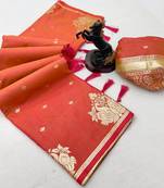 Orange silk blend jacuard work festival saree with unstitched blouse piece