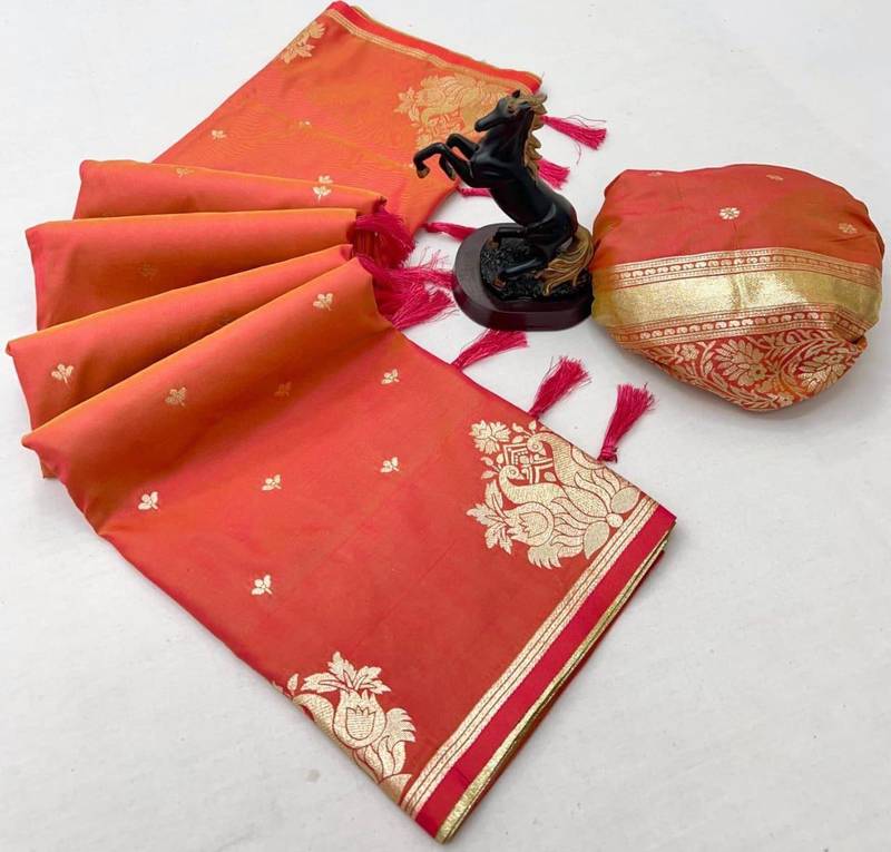 Orange silk blend jacuard work festival saree with unstitched blouse piece