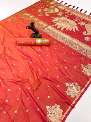 Orange silk blend jacuard work festival saree with unstitched blouse piece 2