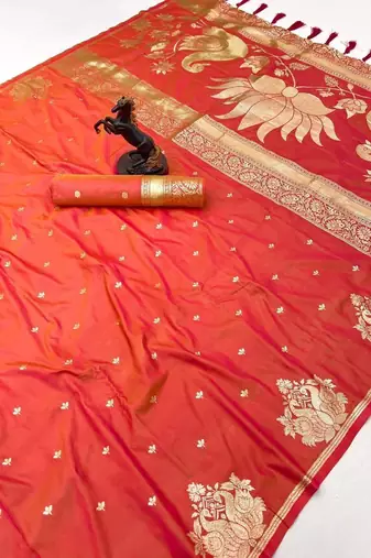 Orange silk blend jacuard work festival saree with unstitched blouse piece