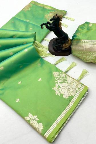 Pista silk blend jacuard work festival saree with unstitched blouse piece