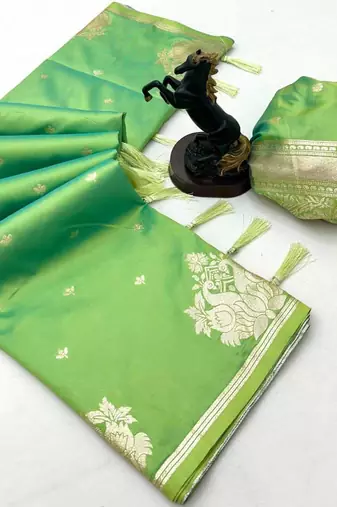 Pista silk blend jacuard work festival saree with unstitched blouse piece