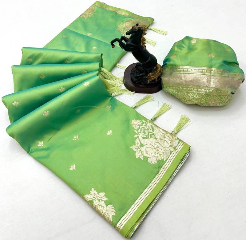 Pista silk blend jacuard work festival saree with unstitched blouse piece