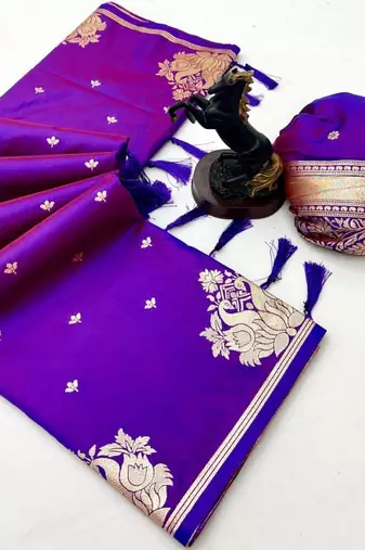 Purple silk blend jacuard work festival saree with unstitched blouse piece