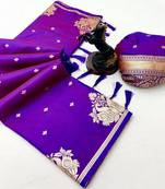 Purple silk blend jacuard work festival saree with unstitched blouse piece