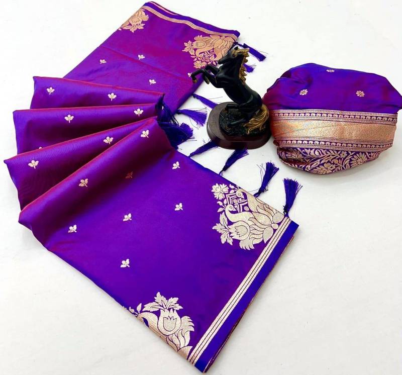 Purple silk blend jacuard work festival saree with unstitched blouse piece