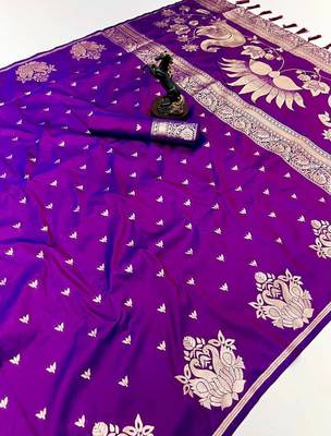 Purple silk blend jacuard work festival saree with unstitched blouse piece 2
