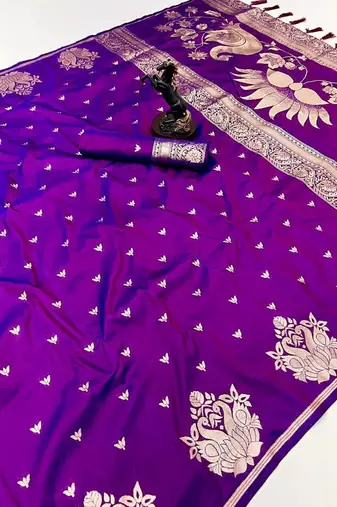 Purple silk blend jacuard work festival saree with unstitched blouse piece