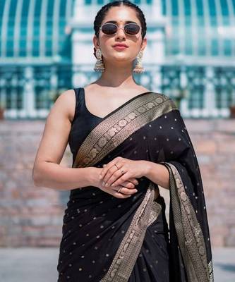Black silk blend jacuard work festival saree with unstitched blouse piece 1