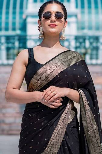 Black silk blend jacuard work festival saree with unstitched blouse piece