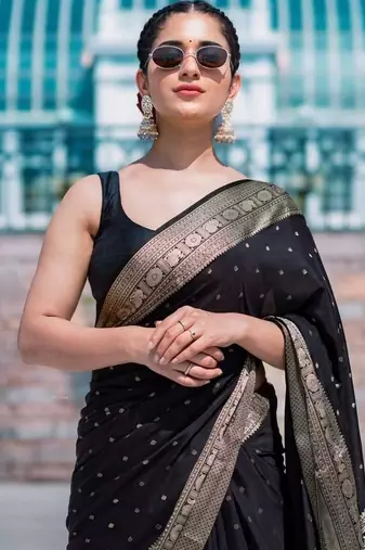 Black silk blend jacuard work festival saree with unstitched blouse piece