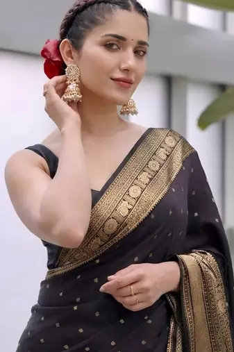 Black silk blend jacuard work festival saree with unstitched blouse piece