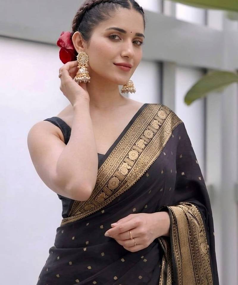 Black silk blend jacuard work festival saree with unstitched blouse piece