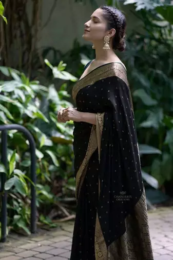 Black silk blend jacuard work festival saree with unstitched blouse piece