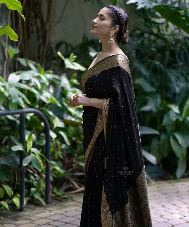 Black silk blend jacuard work festival saree with unstitched blouse piece