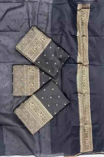 Black silk blend jacuard work festival saree with unstitched blouse piece
