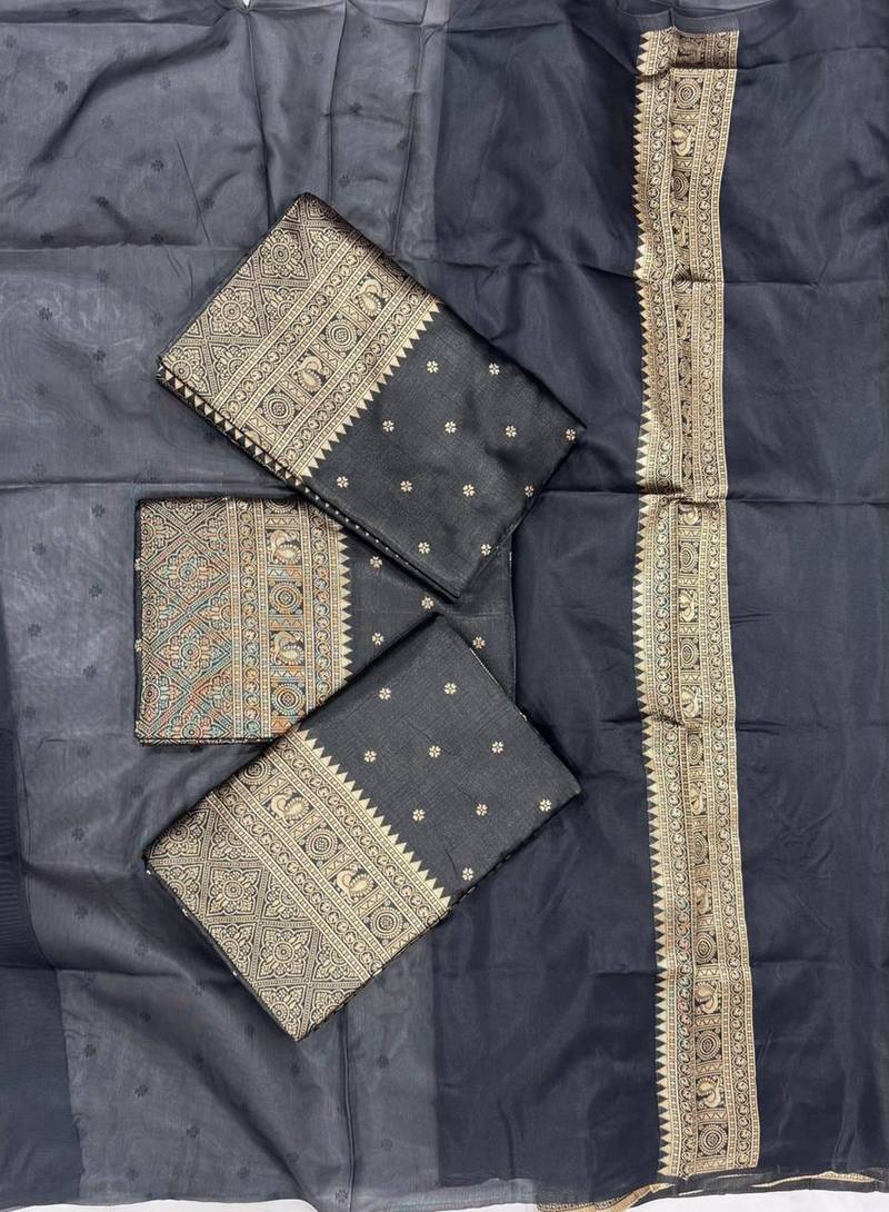 Black silk blend jacuard work festival saree with unstitched blouse piece