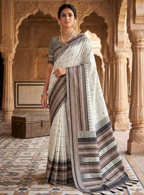 White grey silk blend jacuard work festival saree with unstitched blouse piece 1