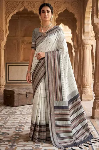 White grey silk blend jacuard work festival saree with unstitched blouse piece