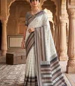White grey silk blend jacuard work festival saree with unstitched blouse piece