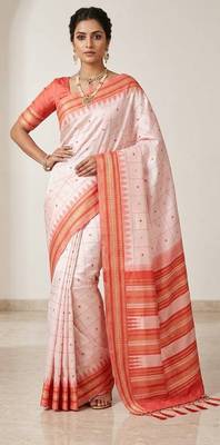 White orange silk blend jacuard work festival saree with unstitched blouse piece 1