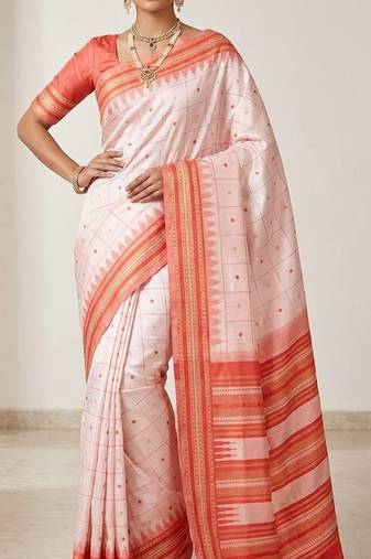 White orange silk blend jacuard work festival saree with unstitched blouse piece