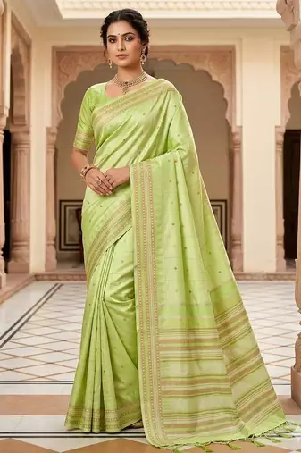 Pista silk blend jacuard work festival saree with unstitched blouse piece