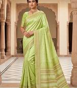 Pista silk blend jacuard work festival saree with unstitched blouse piece