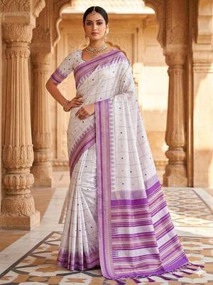 White purple silk blend jacuard work festival saree with unstitched blouse piece 1