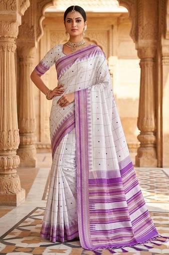 White purple silk blend jacuard work festival saree with unstitched blouse piece
