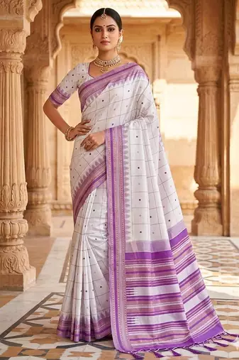 White purple silk blend jacuard work festival saree with unstitched blouse piece