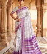 White purple silk blend jacuard work festival saree with unstitched blouse piece