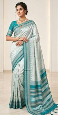 White rama silk blend jacuard work festival saree with unstitched blouse piece 1