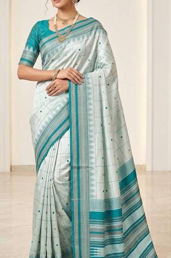 White rama silk blend jacuard work festival saree with unstitched blouse piece