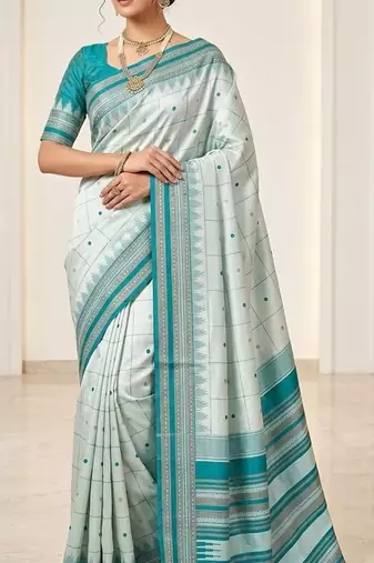 White rama silk blend jacuard work festival saree with unstitched blouse piece