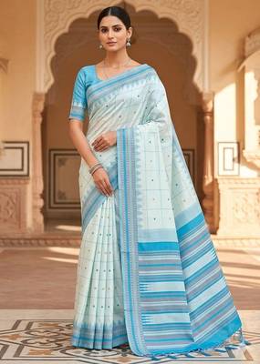 White sky silk blend jacuard work festival saree with unstitched blouse piece 1