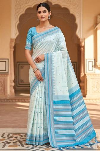 White sky silk blend jacuard work festival saree with unstitched blouse piece