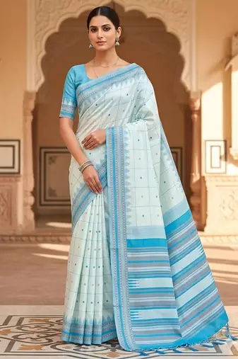 White sky silk blend jacuard work festival saree with unstitched blouse piece
