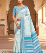 White sky silk blend jacuard work festival saree with unstitched blouse piece