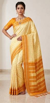 Yellow silk blend jacuard work festival saree with unstitched blouse piece 1