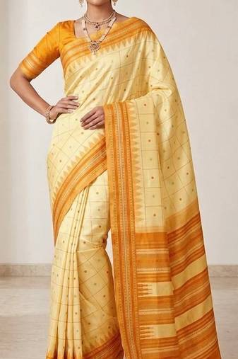 Yellow silk blend jacuard work festival saree with unstitched blouse piece
