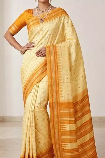 Yellow silk blend jacuard work festival saree with unstitched blouse piece