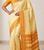 Yellow silk blend jacuard work festival saree with unstitched blouse piece