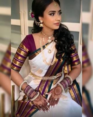 Off white purple silk blend jacuard work festival saree with unstitched blouse piece 1