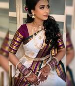 Off white purple silk blend jacuard work festival saree with unstitched blouse piece